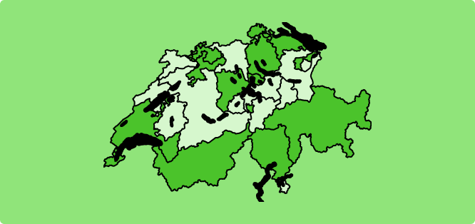 Eine Schweizerkarte mit den Kantonen in Verschiedenen farben von Grün bis Rot